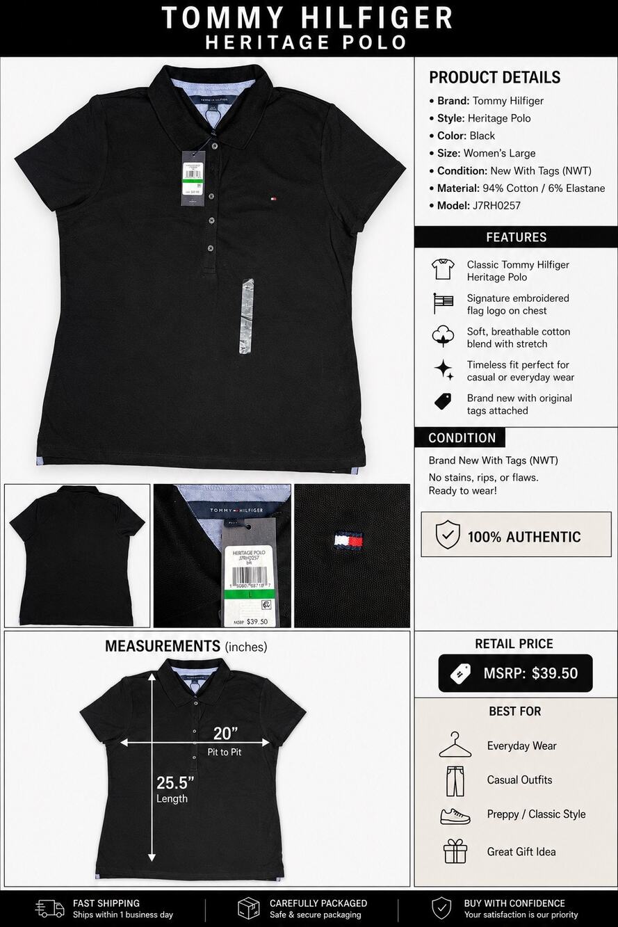 Tommy Hilfiger Heritage Polo Womens Large Black Stretch Logo Shirt NWT